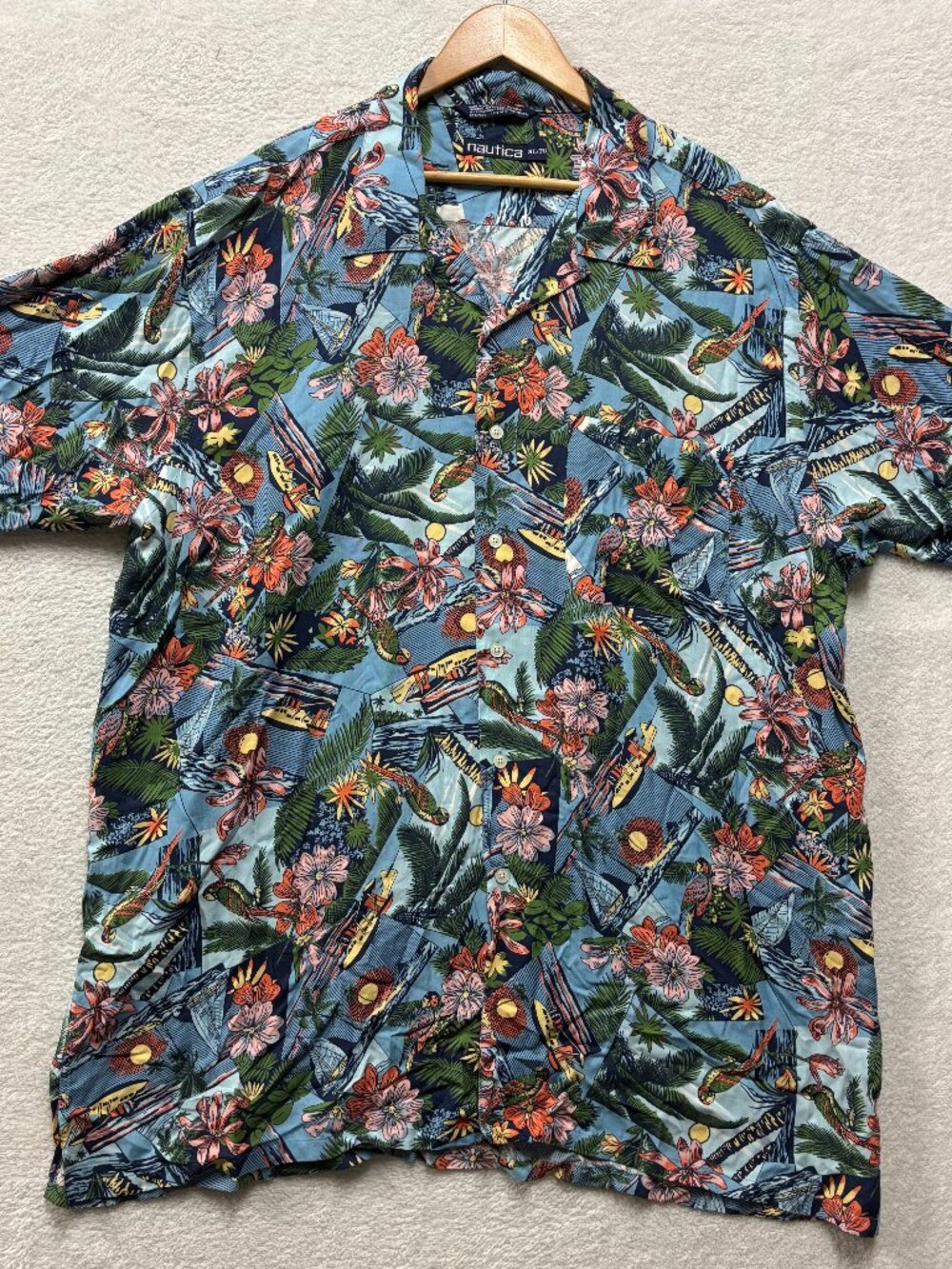 VTG Nautica Hawaiian Shirt Mens XL Floral Camp Loop Collar Made in USA